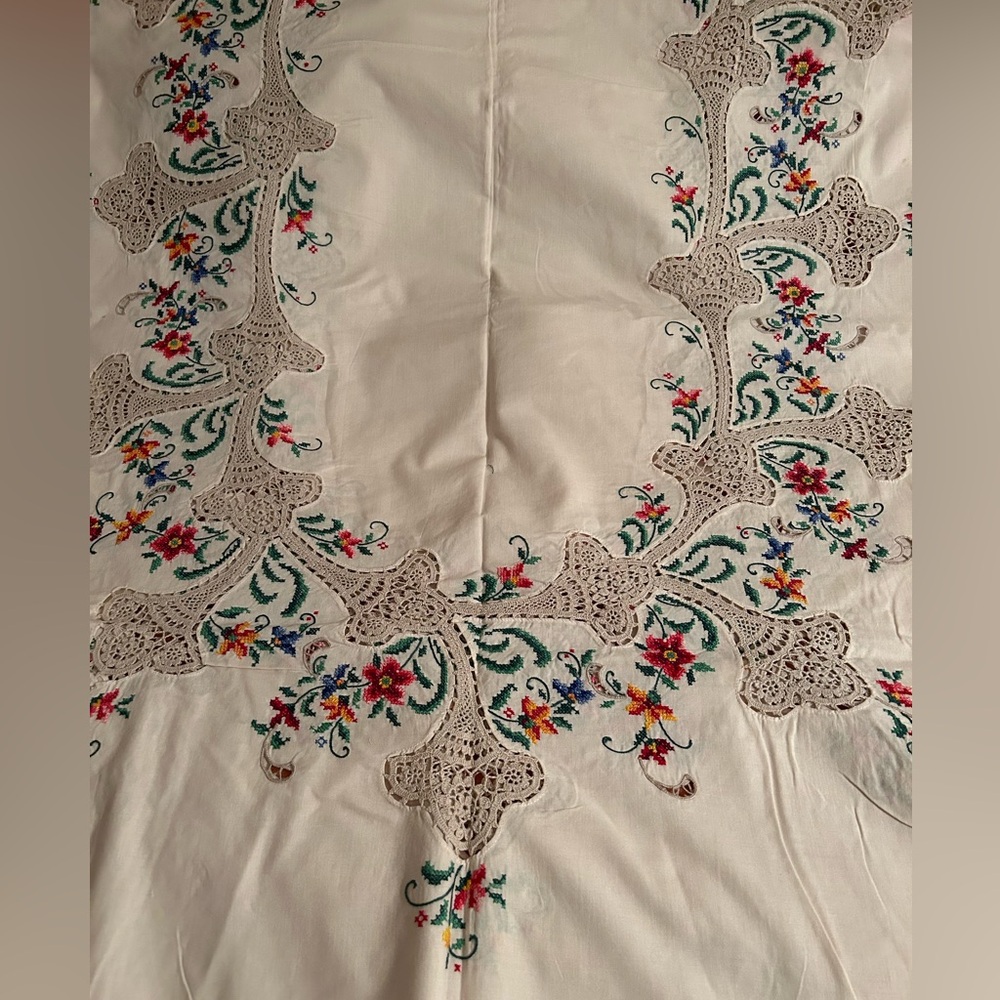Large hand cross stitched and crocheted tablecloth like new